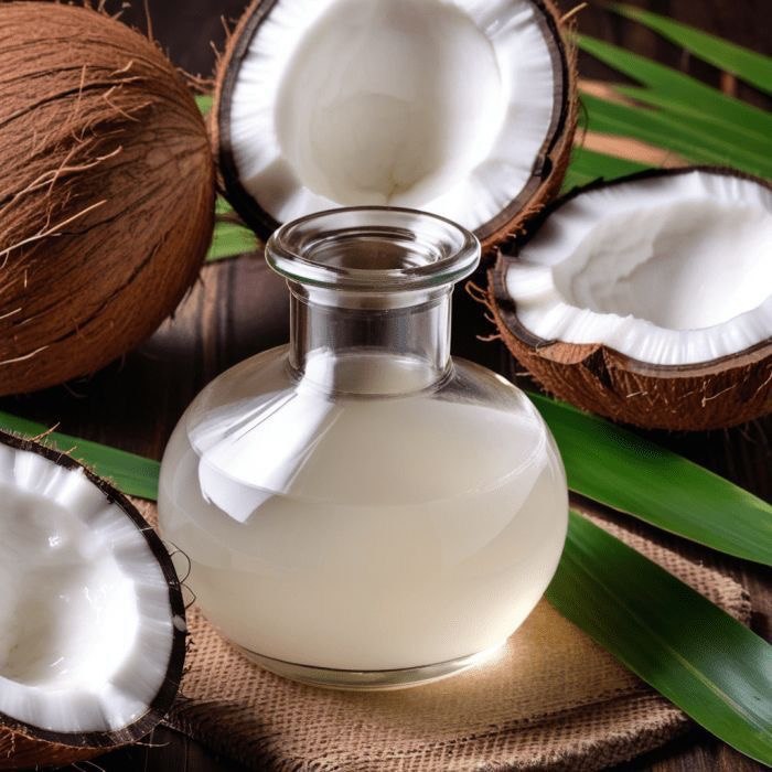 Coconut oil in a glass bottle with fresh coconuts