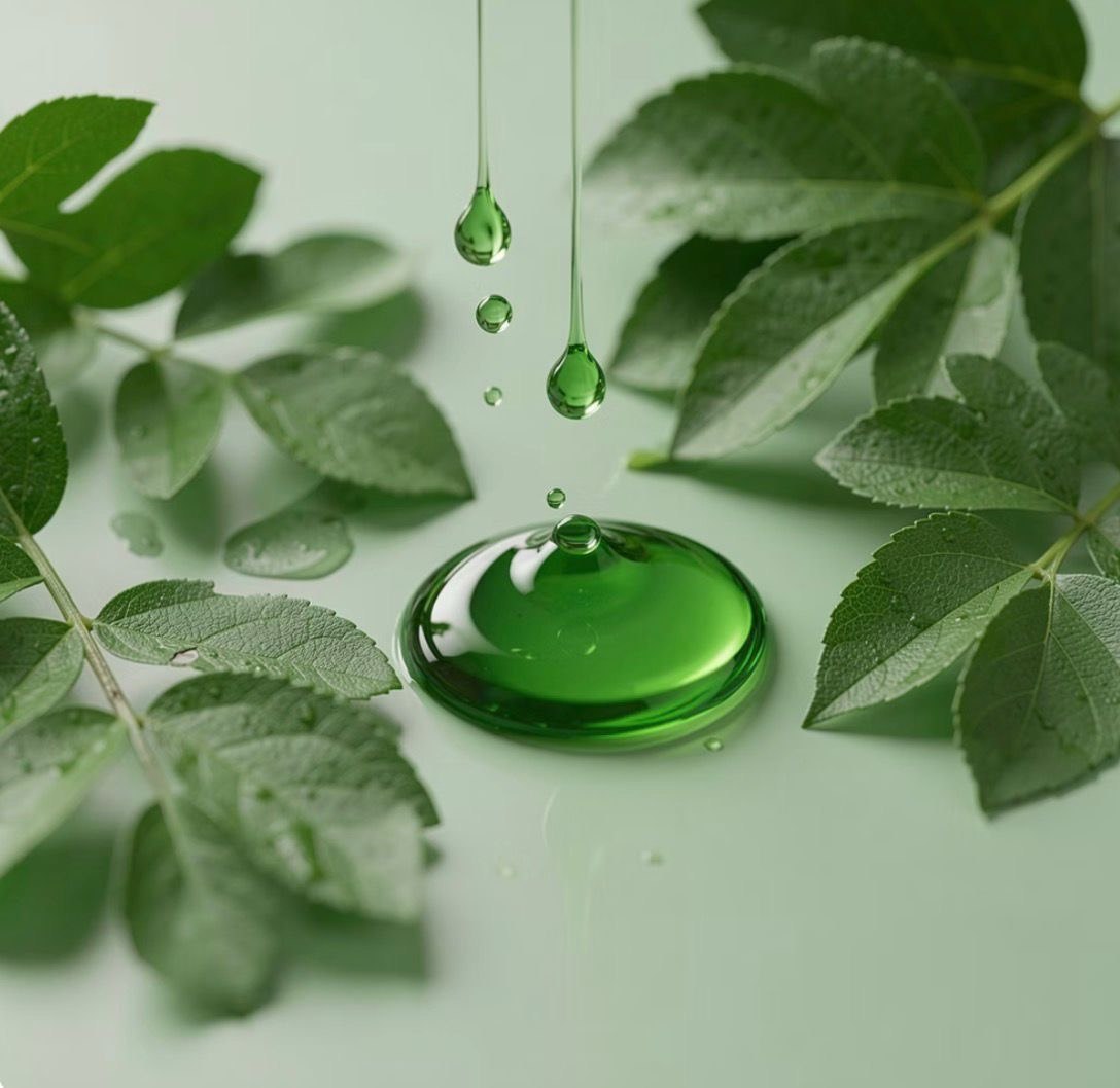 Green moringa oil drops with leaves