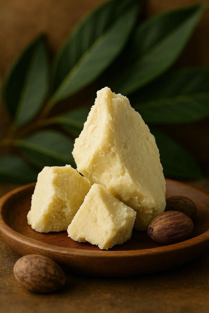 Natural butter pieces on a wooden plate
